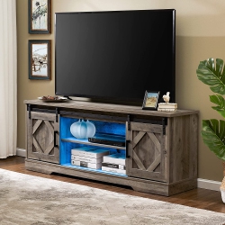 WAMPAT Led Tv Stand With Led Strip Lights for Up to 65 Inch Flat Screen, Farmhouse Tv Console With Sliding Barn Doors, Gray Wash, 59" In Blue