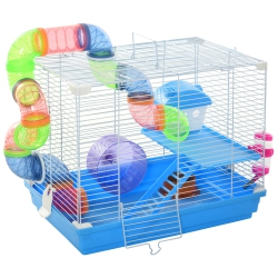 PAWHUT 18"l Hamster Cage, Small Animal House, 2-Level Rat Gerbil Haven With Tunnel Tube System, Exercise Wheel, Water Bottle, Food Dish, Ramp In Blue