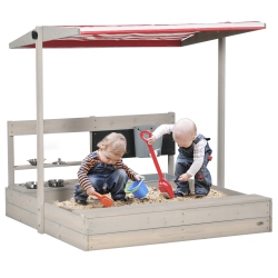 OUTSUNNY Kids Sandbox \w Cover, Wooden Sand Box \w Height Adjustable Canopy, Kitchen Playset Toys, Seat, Storage, Outdoor Sand Play for 3-7 Years