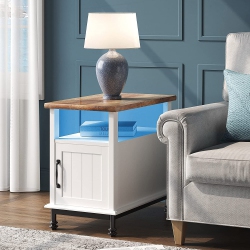 WAMPAT Farmhouse End Tables \w Led Lights, Premium Wood Accent End Side Table \w Open Storage for Living Room And Bedroom, Metal Feet, 24", White/oak