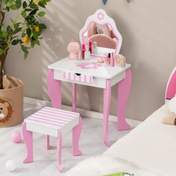 GYMAX Kid Vanity Set Wooden Makeup Table Stool W/ Mirror Flower Print Pink & In White