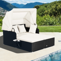 COSTWAY Patio Rattan Daybed Lounge Retractable Top Canopy Side Tables Cushions