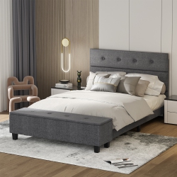 COSTWAY Upholstered Bed Frame With Ottoman Storage Linen Button Tufted Headboard
