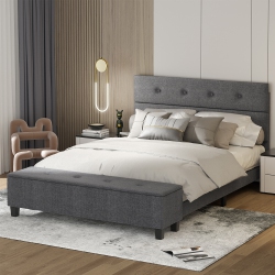 COSTWAY Upholstered Bed Frame With Ottoman Storage Linen Button Tufted Headboard