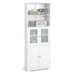 GYMAX Bathroom Tall Storage Cabinet Linen Tower W/ Glass Door & Adjustable Shelf