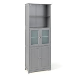GYMAX Bathroom Tall Storage Cabinet Linen Tower W/ Glass Door & Adjustable Shelf