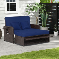 COSTWAY Patio Rattan Daybed Lounge Retractable Top Canopy Side Tables Cushions
