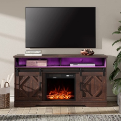 WAMPAT Fireplace Tv Stand for Tvs Up to 65 Inch, 16 Colors Led Wood Entertainment Center \w Storage Cabinet, Sliding Barn Door, 2 Heating Mode, 5