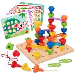 TOOKYLAND Peg Board Stacking Toy - 53PCs - Colour And Shape Matching Game With Lacing Beads, Learning Sensory Pegboard Set for Kids 3 Years Old +