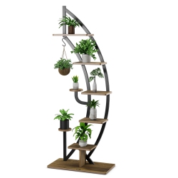 GYMAX 6 Tier 9 Potted Metal Plant Stand Rack Curved Stand Holder Display Shelf W/ Hook