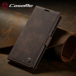 CASEME Retro Handmade Leather Wallet Case With Card Slot & Magnetic Closure for Samsung Galaxy S23 Ultra - Coffee