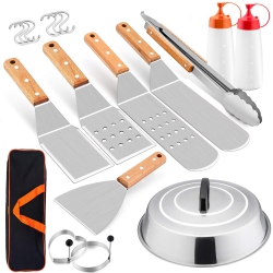 HLD Griddle Accessories Set Of 12, Professional Stainless Steel Metal Spatula Tools \w 12In Cheese Melting Dome, Heavy Duty Griddle Spatulas Great
