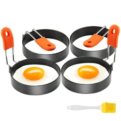 HLD Egg Ring 4 Pack Anti-Scald Non Stick Egg Rings for Frying Anti-Burn Handle Anti-Leak Pancake Mould \w Oil Brush Crumpet Rings for Fried Eggs