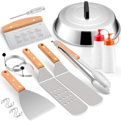 HLD Griddle Accessories Set Of 10, Stainless Steel Griddle Tools Kit for Flat Top Teppanyaki Bbq Cooking Camping, 12” Melting Dome Metal Spatulas