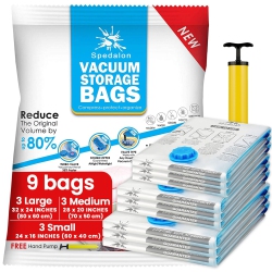HLD Vacuum Storage Bags - Pack Of 9 (3 Large + 3 Medium + 3 Small) Reusable \w Free Hand Pump for Travel Packing. Best Sealer Bags for Clothes