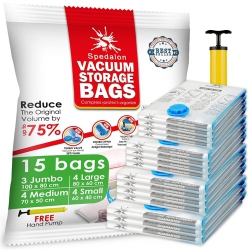 HLD Vacuum Storage Bags - Pack Of 15 (3 Jumbo + 4 Large + 4 Medium + 4 Small) Reusable Space Savers | Free Hand Pump for Travel Packing. Best Sealer