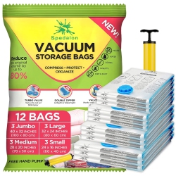 HLD Vacuum Storage Bags - Pack Of 12 (3 Jumbo + 3 Large + 3 Medium + 3 Small) Reusable \w Free Hand Pump for Travel Packing | Best Sealer Bags For