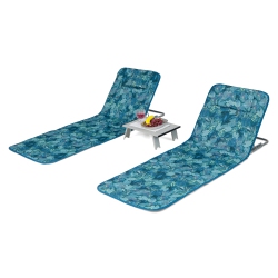 GYMAX 3PCs Folding Beach Mat Set Adjustable Beach Lounge Chair & Side Table Set