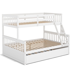 GYMAX Twin Over Full Bunk Bed With Twin Trundle Convertible Platform Bed