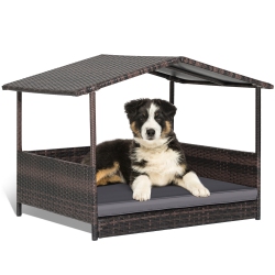GYMAX Wicker Dog House W/ Cushion Lounge Raised Rattan Bed for Indoor/outdoor In Grey