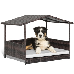GYMAX Wicker Dog House W/ Cushion Lounge Raised Rattan Bed for Indoor/outdoor