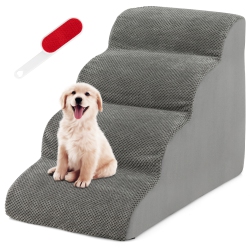 GYMAX 4-Tier Foam Dog Ramp Non-Slip Dog Steps Soft Pet Stairs Ladder W/ Brush for High Sofa Bed