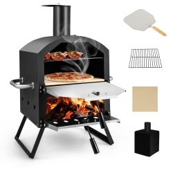 COSTWAY 2-Layer Pizza Oven Wood Fired Pizza Grill Outside Pizza Maker With Waterproof Cover
