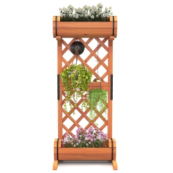 GYMAX 2-Tier Raised Planter Garden Wooden Bed W/ 2 Cylindrical Planter Boxes