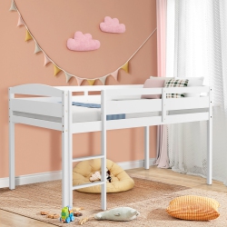 GYMAX Twin Size Loft Bed Wooden Slats Support Loft Bed Frame W/ Ladder & Guardrails