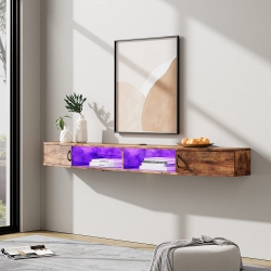 WAMPAT Tv Shelf \w Power Outlet 70", Wall Mounted Tv Stand \w 16 Lights, Media Console Stand \w Doors, Entertainment Shelf for Living Room