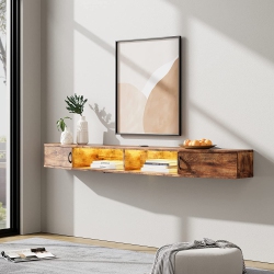 WAMPAT Tv Shelf \w Power Outlet 70", Wall Mounted Tv Stand \w Light, Media Console Stand \w Doors, Entertainment Shelf for Living Room, Bedroom