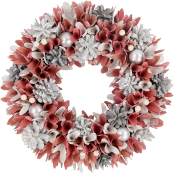 NORTHLIGHT 13" Pink And Wooden Floral Christmas Wreath With Pinecones In White