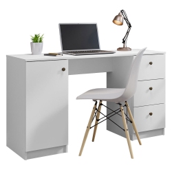 MADESA Executive Computer Writing Desk 53 Inch With 3 Drawers And 1 Door, Metalic Handles Wooden Home Office PC Study Table With Storage - In White