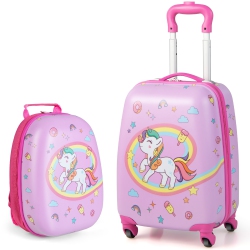 COSTWAY 2PC Kids Carry On Luggage Set 12" Backpack And 16" Rolling Suitcase for Travel