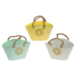 MAISON CONCEPTS Embossed Daisy Metal Oval Planter With Rope Handle Asstd - Set Of 3