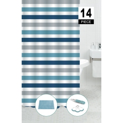 MAISON CONCEPTS 14PC Set Peva S. Curtain + 12 Hooks + Bathmat Striped In Navy
