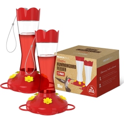 MEKKAPRO Two-Pack Outdoor Hummingbird Feeder Made From Glass, 10OZ, Hanging 5 Nectar Feeding Stations, Bright Red, Backyard Feeder (10 Ounce - 2
