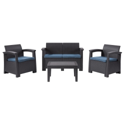 CORLIVING Lake Front Black Rattan Patio Set With Cushions 4PC In Blue