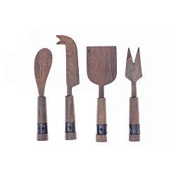 MAISON CONCEPTS Acacia Wood With Riveted Gunmetall 4 PC Cheese Cutlery Set In Gray