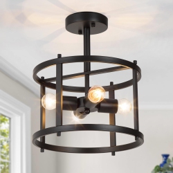 LNC Modern Farmhouse 4-Light Metal Drum Semi-Flush Mount Foyer Lights In Black