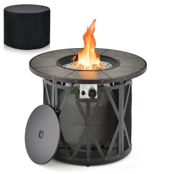 GYMAX 32" Patio Round Fire Pit Table 30, 000 Btu Propane Gas Firepit W/ Fire Glasses