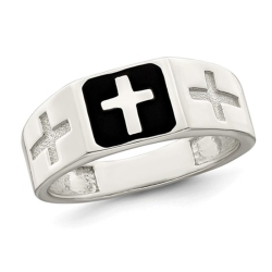 GEM AND HARMONY Mens Sterling Enameled Cross Ring In Silver