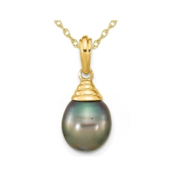 GEM AND HARMONY 9-10MM Black Tahitian Saltwater Pearl Pendant Necklace In 14K Gold With Chain In Yellow
