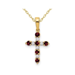 GEM AND HARMONY 1/4 Carat (Ctw) Garnet Cross Pendant Necklace With Accent Diamonds In 14K Gold With Chain In Yellow