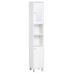 KLEANKIN Tall Bathroom Storage Cabinet With Mirror, Freestanding Narrow Linen Tower Cabinet With Adjustable Shelves for Bathroom In White