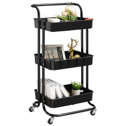 HLD 3 Tier Rolling Utility Cart, Coffee Bar Cart \w Hooks & Handle Storage Organization Shelves Service Cart Trolley for Kitchen, Bathroom, Office