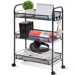 HLD 3-Tier Rolling Cart, Easy Assemble Mobile Storage Trolley On Wheels, Slide Out Utility Cart Shelving Units Kitchen Bathroom Laundry Room In Pink