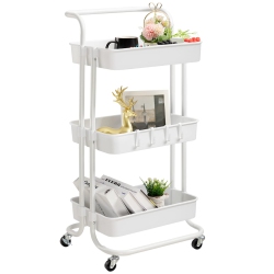 HLD 3 Tier Rolling Utility Cart \w Hooks & Handle Storage Organization Shelves for Kitchen, Bathroom, Office, Library, Coffee Bar Trolley Service Cart