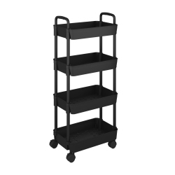 HLD 4-Tier Kitchen Rolling Utility Cart, Multifunction Storage Organizer \w Handle And 2 Lockable Wheels for Kitchen, Bathroom, Living Room, Office, Black