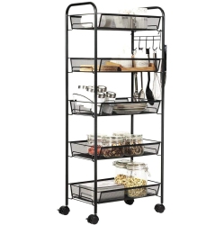 HLD 5-Tier Rolling Storage Rack Cart Organizer, Utility Mobile Metal Mesh Trolley \w Wire Basket Shelving, Cart On Wheels for Kitchen Office Bathroom